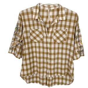 Aratta Silent Journey Shirt Top Size Medium Tan Plaid Floral Bird Embroidered